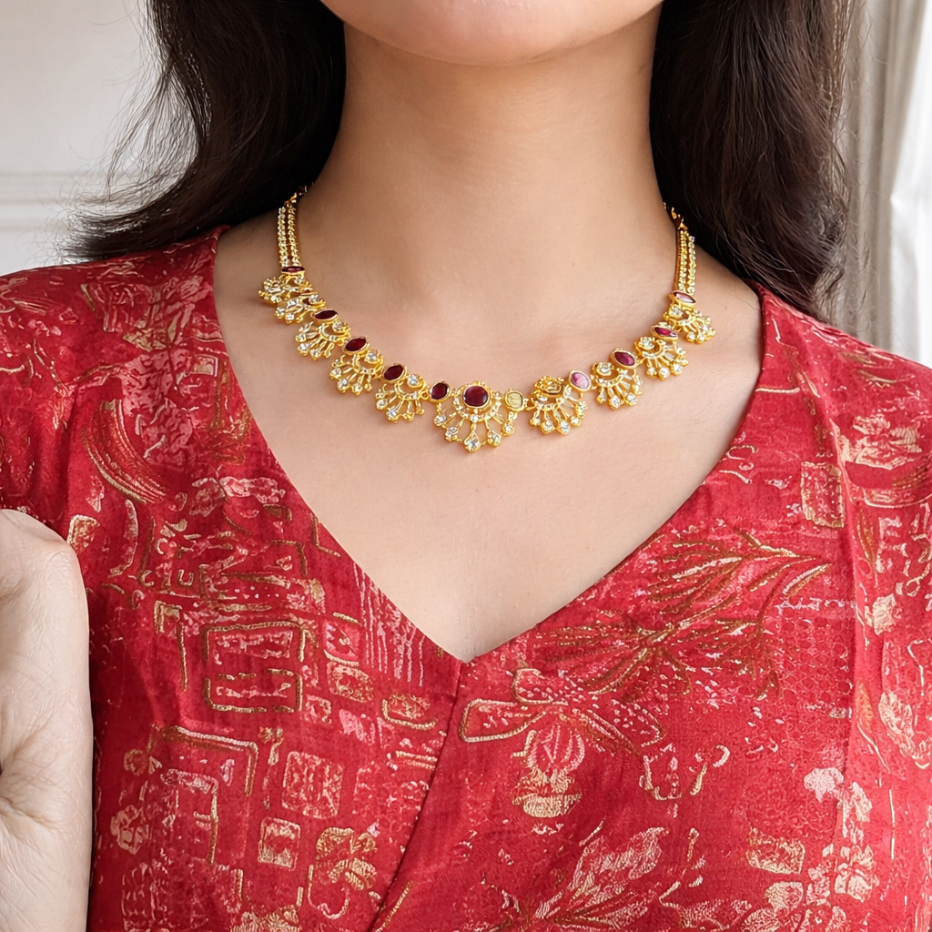 AD stone Floral Necklace and Earrings