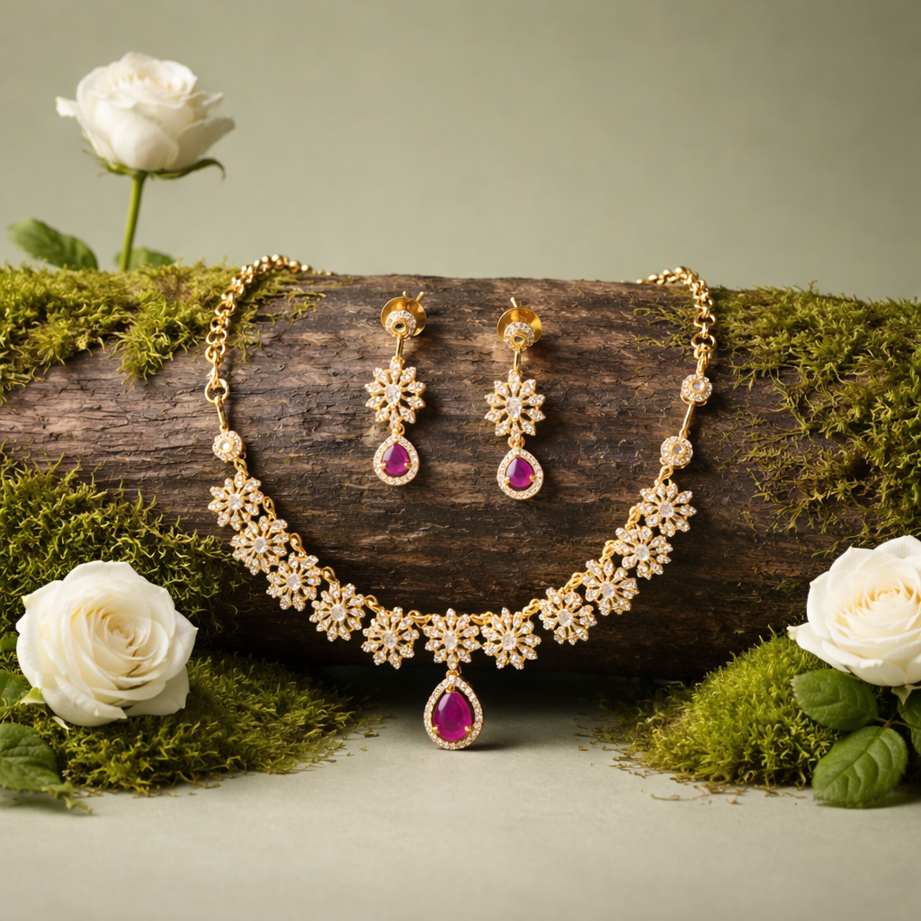 AD stone Floral Necklace & Earrings 1212