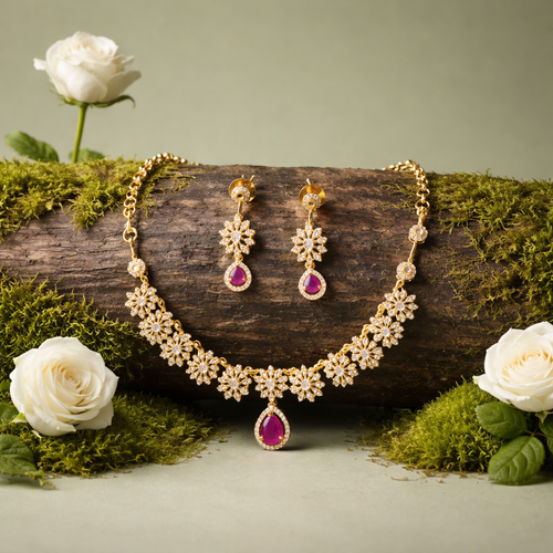 AD stone Floral Necklace & Earrings 1212