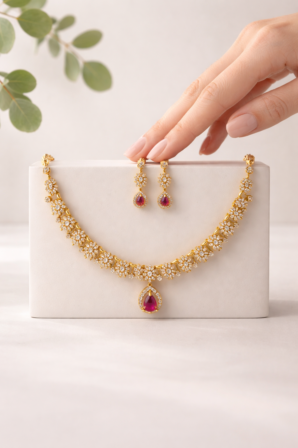 AD stone Floral Necklace & Earrings 1212