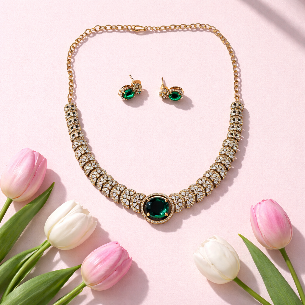 AD Stone Green Floral Necklace and Earrings