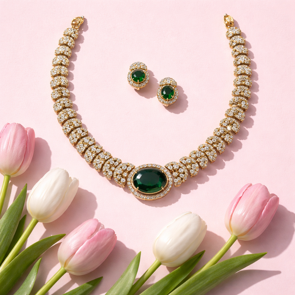 AD Stone Green Floral Necklace and Earrings