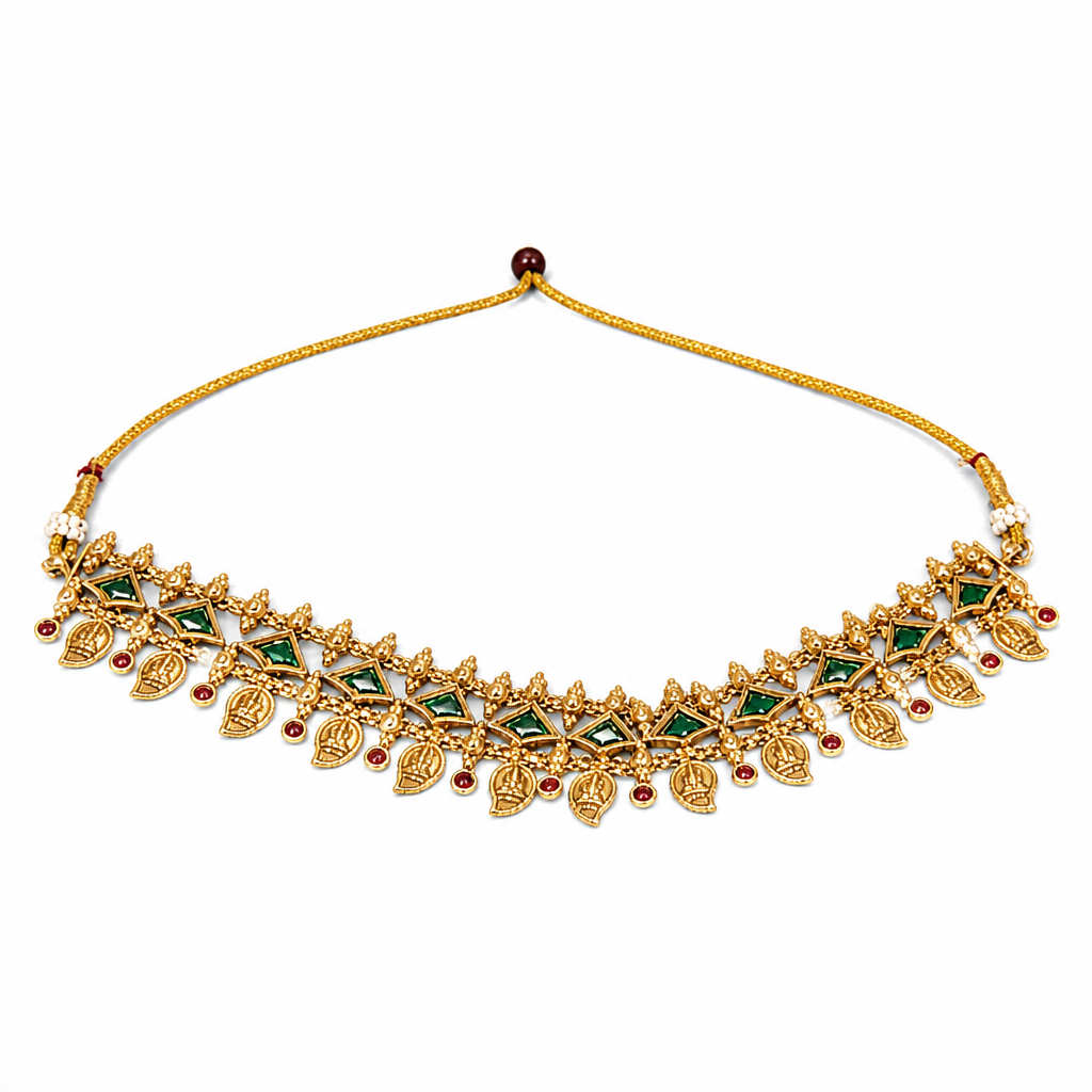 Traditional Green Mango Lakshmi Coin Choker Set with Earrings