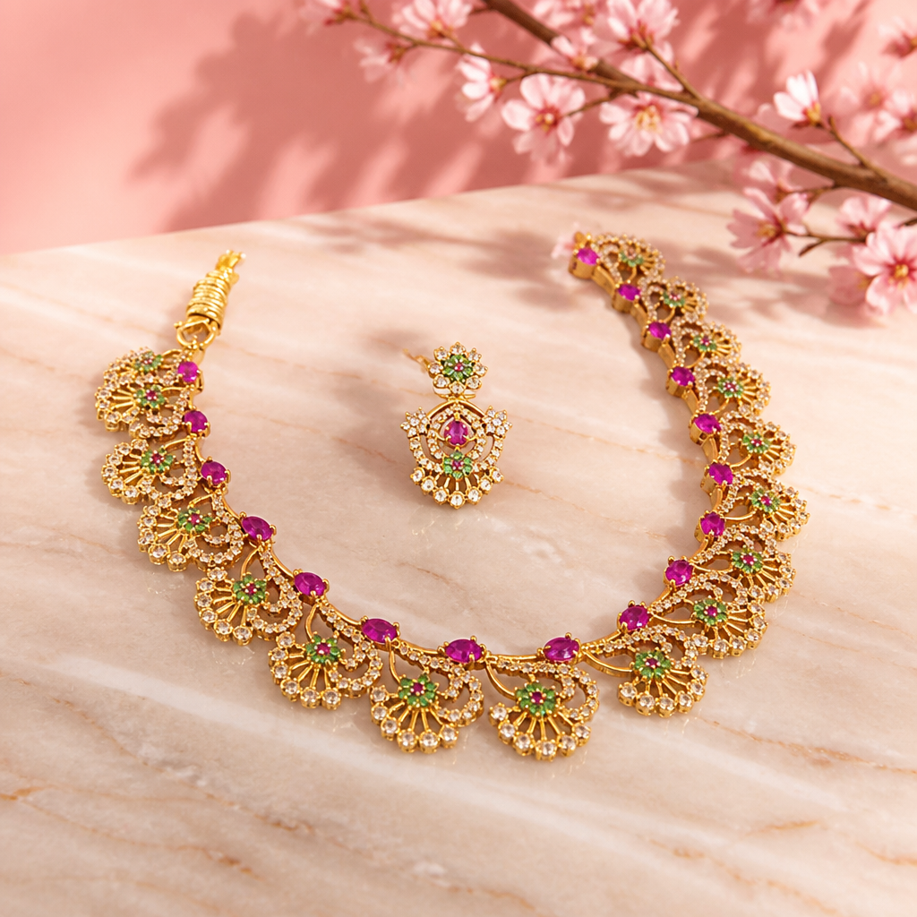 Multicolor AD Stone Necklace and Earrings