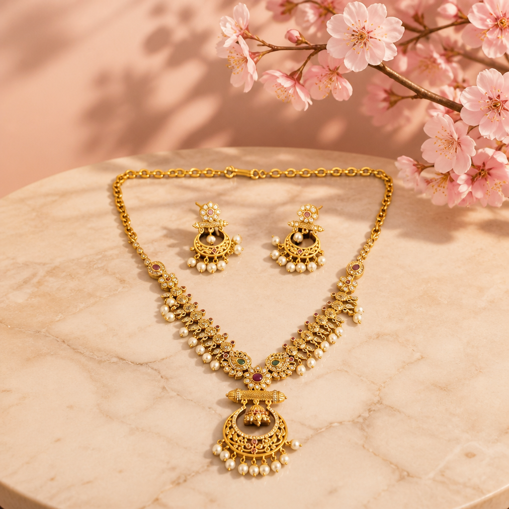 Gold Toned Ad Stone Necklace and Earrings