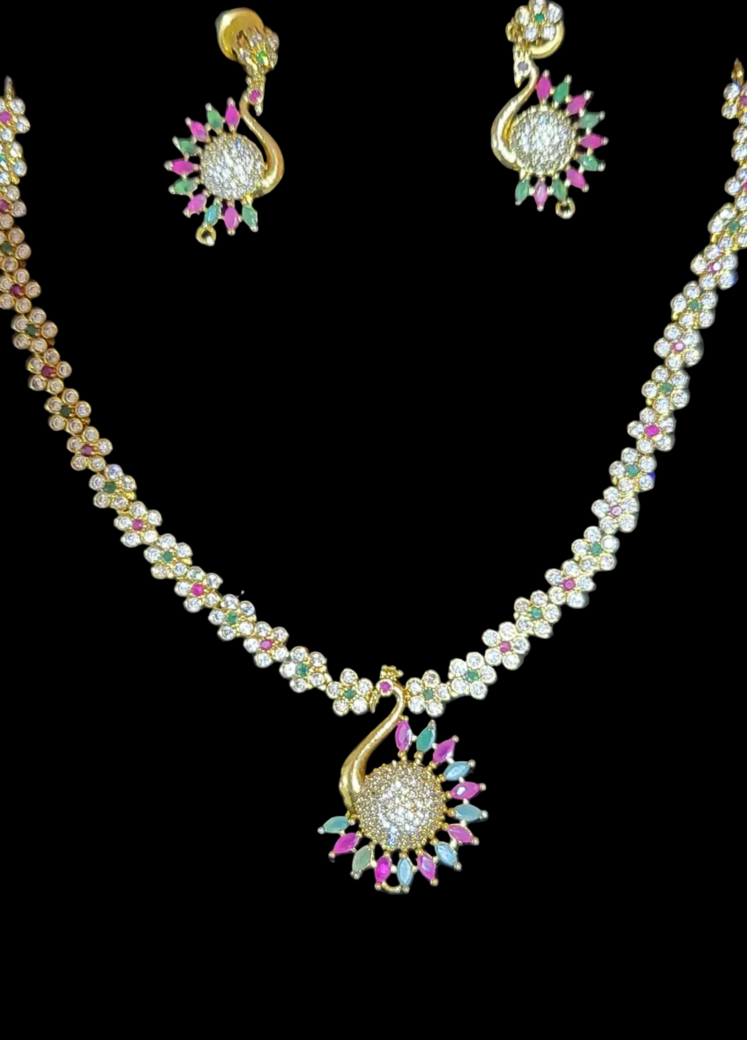 AD Stone Traditional Gold Floral Necklace & Earrings Set