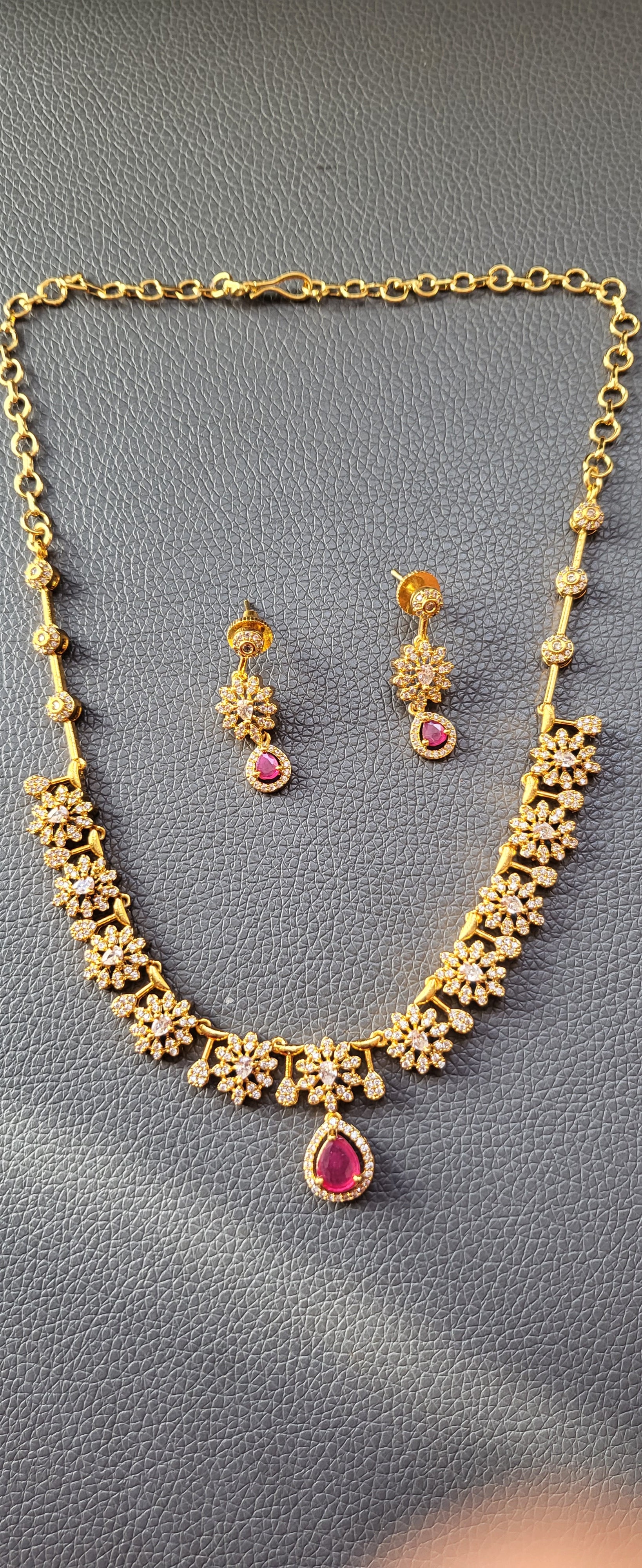 AD stone Floral Necklace & Earrings 1212