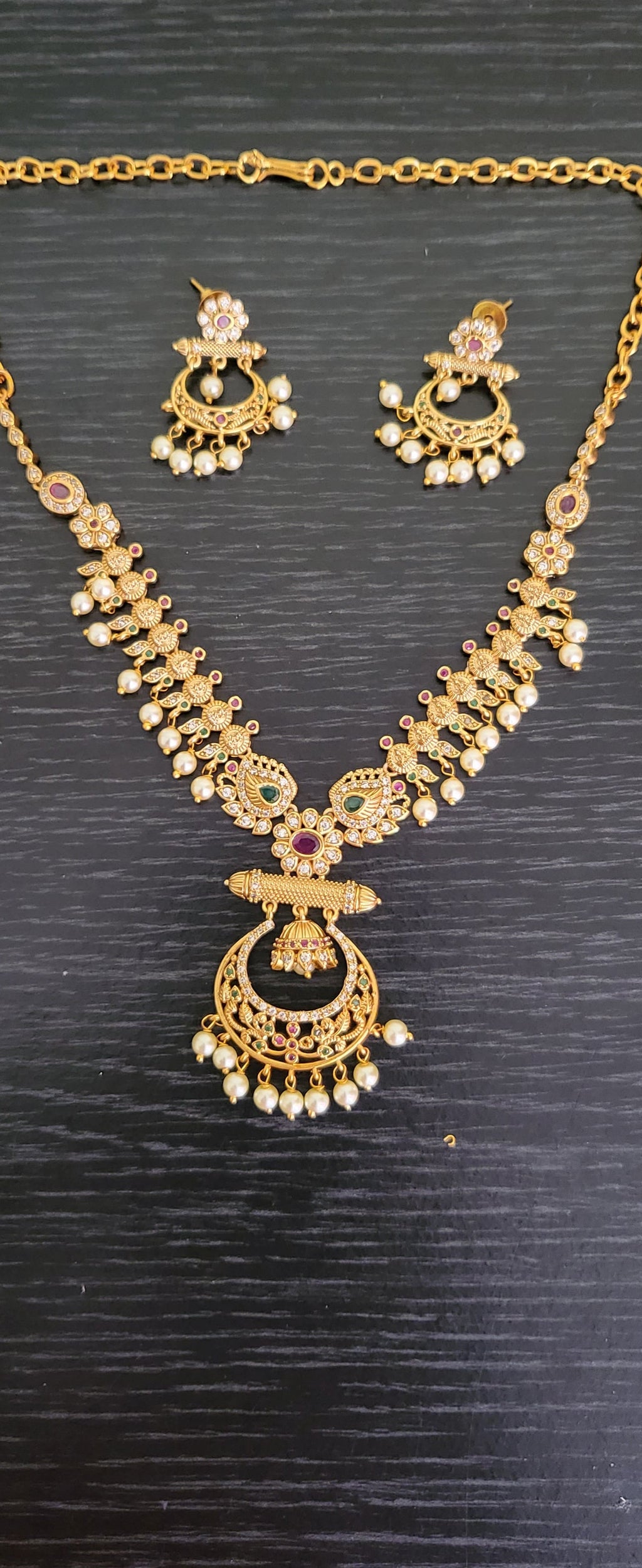 Gold Toned Ad Stone Necklace and Earrings