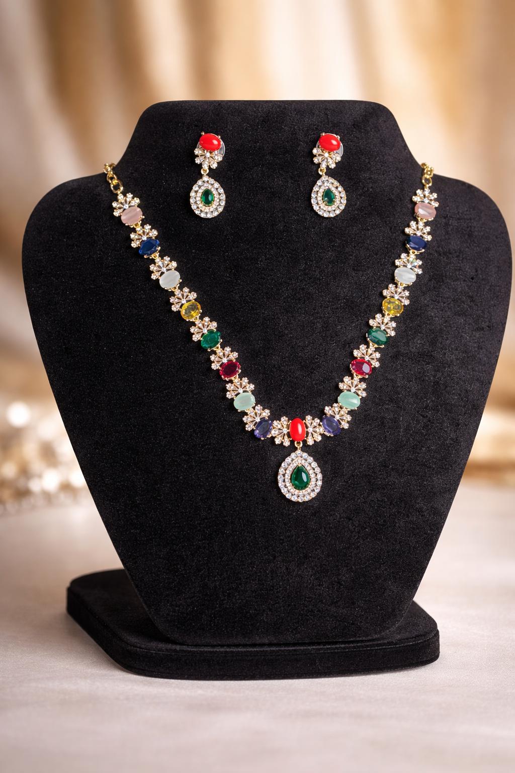 Designer Multicolor AD Stones Imitation Necklace and Matching Earrings