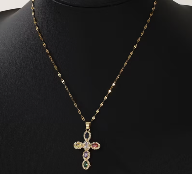 French Cross Pendant Necklace - Color: Golden Zirconium