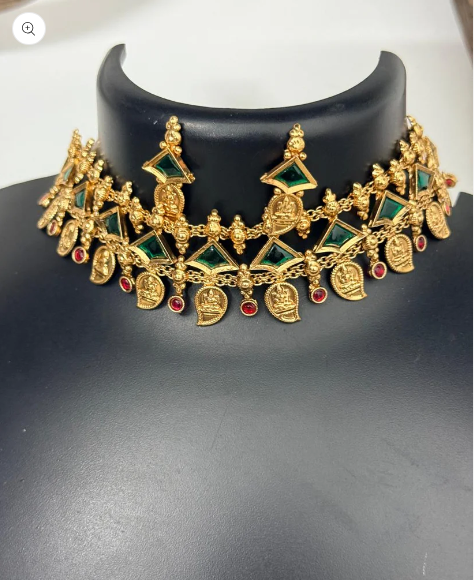 Traditional Green Mango Lakshmi Coin Choker Set with Earrings