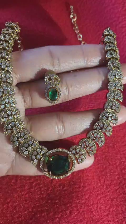 AD Stone Green Floral Necklace and Earrings
